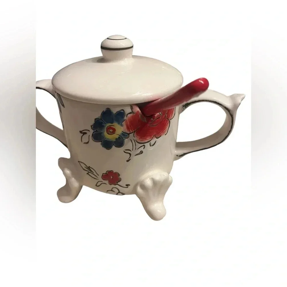 Anthropologie Molly Hatch Floral Sugar Bowl With Spoon